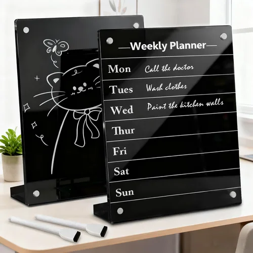 Vista 12 de Calendario acrílico negro de borrado en seco con soporte para escritorio, 16 x 12 pulgadas, pizarra blanca mensual de escritorio grande, pizarra