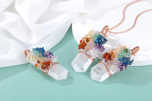 Vista 3 de Top Plaza Collar de piedra preciosa de cristal curativo natural, árbol de la vida, collar con colgante de punta de piedra envuelta en alambre