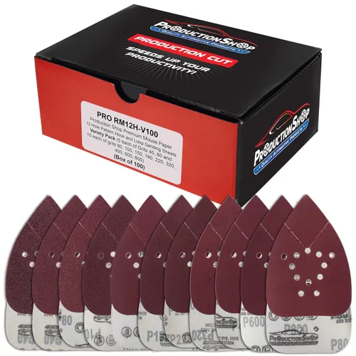 Vista 11 de ProductionShop Hojas de papel de lija premium para lijadora de detalle con patrón de ratón de 12 agujeros, paquete variado de 50 discos, granos 40