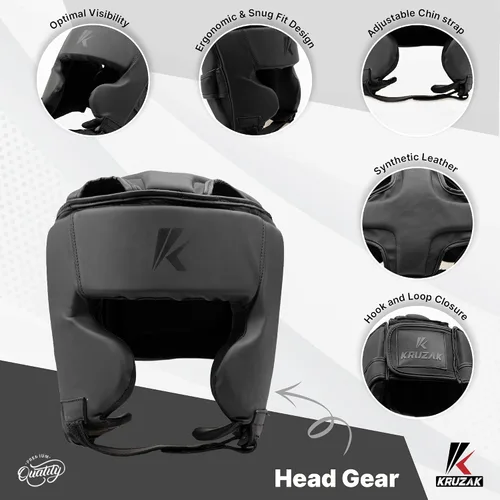 Vista 5 de Kruzak - Guantes de boxeo unisex negro mate, guantes de enfoque y equipo de cabeza para kickboxing y entrenamiento de Muay Thai MMA Kit de fitness
