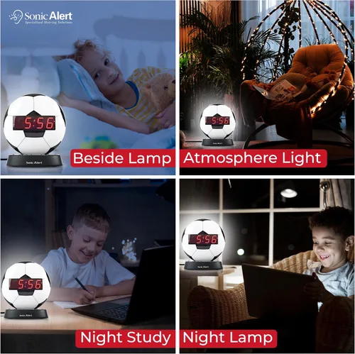 Vista 5 de Sonic Alert Reloj despertador con balón de fútbol con luz nocturna brillante, batería de reserva y atenuador de rango completo, reloj despertador