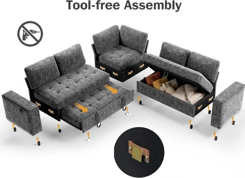 Vista 3 de Vipbear Sofá cama modular en forma de L de 5 asientos con cama extraíble/respaldo reclinable/puertos USB/asiento de almacenamiento, sofá cama Gris