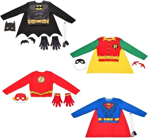 Vista 3 de Rubie's DC Comics - Juego de 21 piezas de superhéroe con Superman, Flash, Batman y Robin incluye capas, camisetas de disfraces, máscaras y accesorios