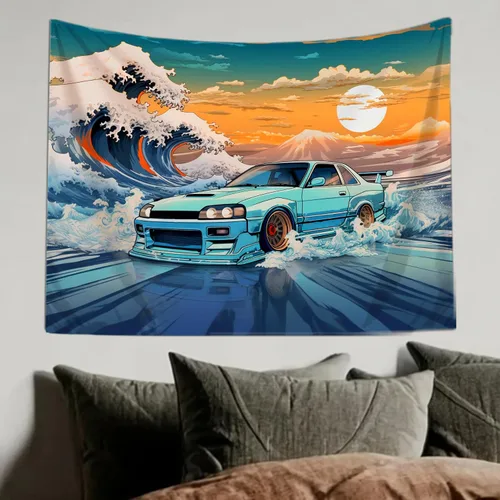 Vista 18 de QEOPGNE Tapiz de pared grande Jdm Anime Sunset Japanese Car S13, tapiz de pared para dormitorio, sala de estar, decoración estética, tapices de 30 x