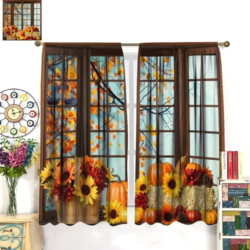 Vista 6 de Cortinas de ventana de cosecha de otoño, marco de madera rústica, cortinas florales de pacas de heno y calabaza, cenefa de cocina de Acción