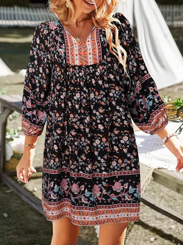 Vista 5 de TEMOFON Mini vestido bohemio para mujer verano floral 34 manga larga cuello en V fluido suelto casual vestidos de playa