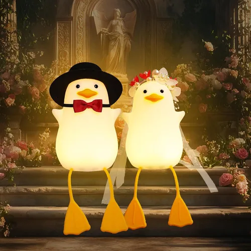 Vista 5 de Benson Luz Nocturna de Pato Novia - Lámpara de Pato Linda con Tocado de Flores, Luz Cálida Regulable y Temporizador para Habitación, Cumpleaños