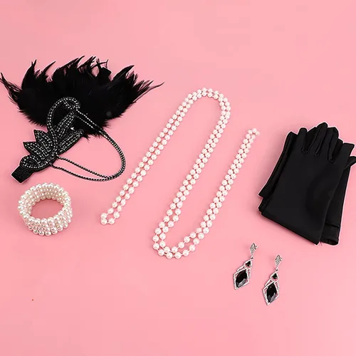 Vista 4 de DRESHOW Juego de accesorios del Gran Gatsby de los años 20 para mujer, accesorios de disfraz de flapper, diadema de plumas, juego de accesorios de 1
