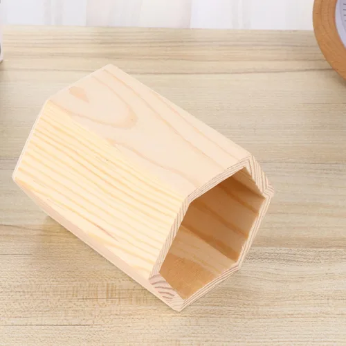Vista 7 de Contenedor de almacenamiento de madera para bolígrafos y cepillos, organizador de tubo hexagonal, maceta sólida para oficina en casa para pintura