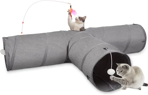 Vista 11 de Ownpets Túnel para gatos, túnel plegable de 3 vías, tubo para gatos de 47 pulgadas de largo con bola de felpa y juguete de plumas, túnel de juego