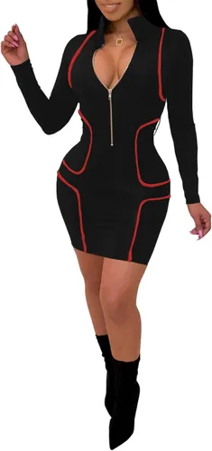 Vista 5 de PerZeal Vestido corto sexy ajustado para mujer, con cremallera frontal, cuello en V profundo, manga larga, club, fiesta, vestido corto