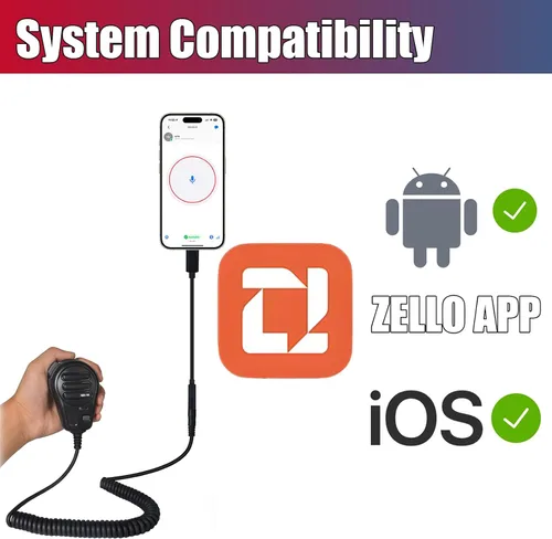 Vista 5 de PTT - Micrófono con cable para la aplicación ZELLO, compatible con iOS y Android con batería de 800 mAh, cable de carga, adaptador tipo C, soporte