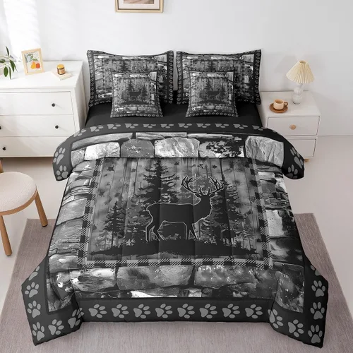 Vista 36 de Feelyou Juego de edredón de ciervo con sábanas – Tamaño Queen 7 piezas Juego de ropa de cama infantil de caza rústica – Cama de ciervo de cabaña