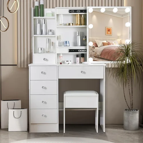 Vista 11 de JBLCC Escritorio de tocador con espejo LED deslizante y luces, juego de tocador blanco con taburete y cajones, brillo de luz de 3 colores ajustable