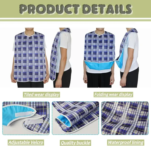 Vista 4 de Baberos para adultos, 2 unidades, protectores de ropa lavables para personas mayores y discapacitados, baberos impermeables para adultos