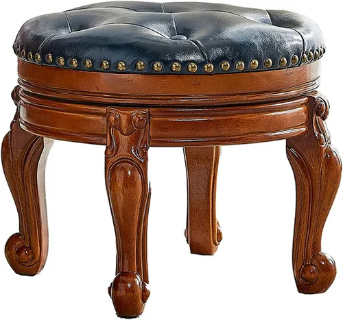 Vista 5 de Taburete de pie de madera maciza, reposapiés otomano redondo de mediados de siglo con cojín de cuero de microfibra para sala de estar, dormitorio