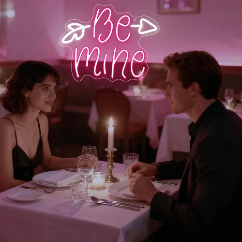 Vista 3 de Letrero de neón "Be Mine", Letrero de luz LED regulable para decoración de arte en la pared, fondo rosa y blanco para dormitorio, club, fiesta, bar