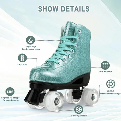 Vista 5 de XUDREZ Patines de ruedas para mujeres, patines de alta calidad holográficos de cuero de poliuretano, patines brillantes de doble fila de cuatro