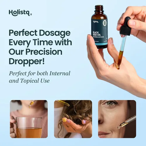 Vista 6 de Holistiq Aceite de Semilla Negra Orgánico Prensado en Frío en Gotas 3% Timoquinona Sin OMG y Vegano Aceite de Comino Negro Prensado en Frío