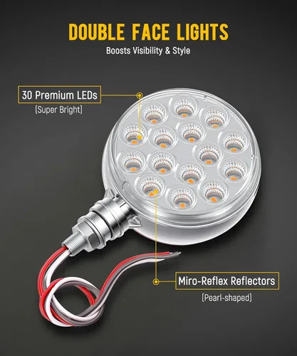 Vista 2 de Partsam 2 luces de pedestal redondas cromadas de doble cara de 3 pulgadas, color rojo/ámbar, 30 LED selladas, lente transparente, montaje