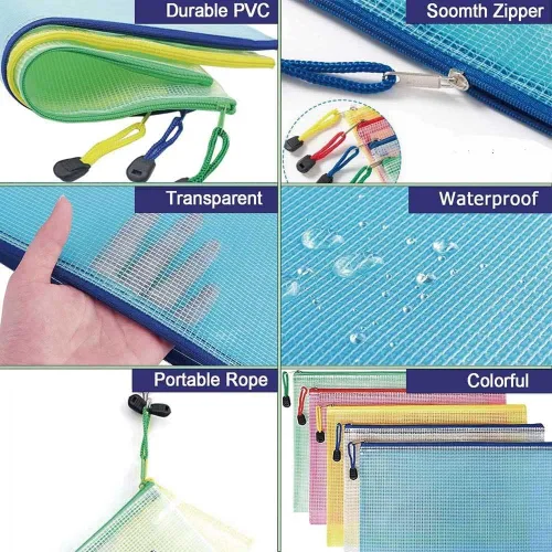 Vista 3 de 10 bolsas de malla con cremallera para documentos, carpetas de archivos con cremallera A6, bolsas de plástico impermeables para organizar documentos