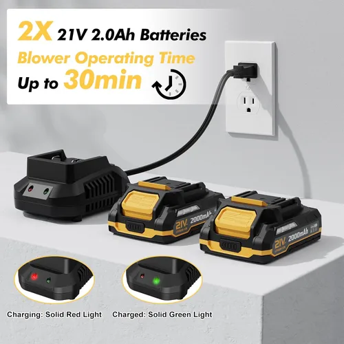 Vista 2 de Soplador de hojas inalámbrico con 2 baterías y cargador, soplador eléctrico de hojas de 21 V con 2 modos de velocidad, sopladores ligeros de 2.0Ah
