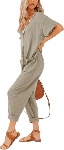 Vista 2 de Aoysky Oversize - Overol de una pieza con botones para mujer, casual, holgado, manga corta, cuello en V, pantalones largos