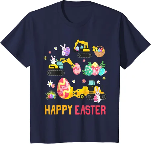 Vista 28 de Kids Happy Easter Construction Crane Truck Boys Toddler T-Shirt Negro