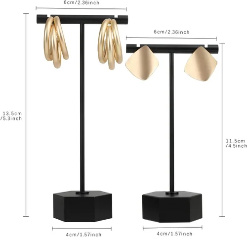 Vista 4 de GemeShou Soporte en T de metal negro, 2 piezas para exhibición de aretes, barra en T, soporte de joyería para fotografía minorista. Base hexagonal