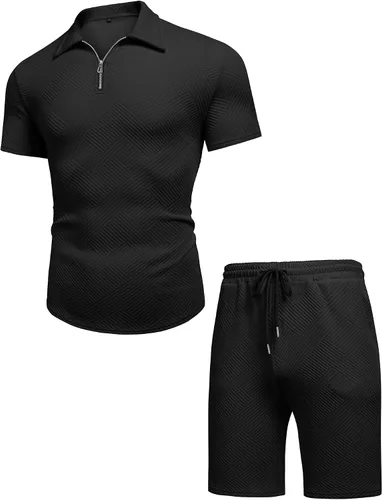 Vista 4 de URRU Conjunto de camisa polo y pantalones cortos para hombre trajes de verano a la moda casual manga corta traje polo para hombre 2 piezas