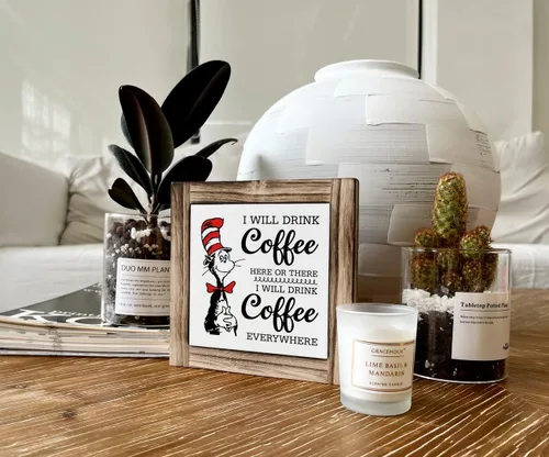 Vista 5 de Letrero de placa de madera con texto en inglés «I will Drink Coffee Everywhere», caja de madera decorativa de escritorio, placa rústica de madera