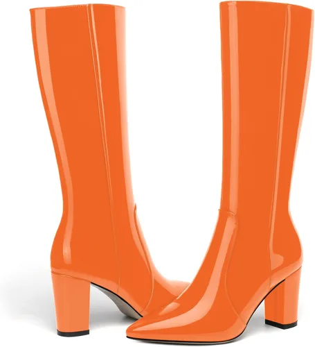 Vista 13 de AMBELIGHT Botas altas hasta la rodilla con cremallera y puntera puntiaguda para mujer, de patente sólida, tacón alto, 3.3 pulgadas