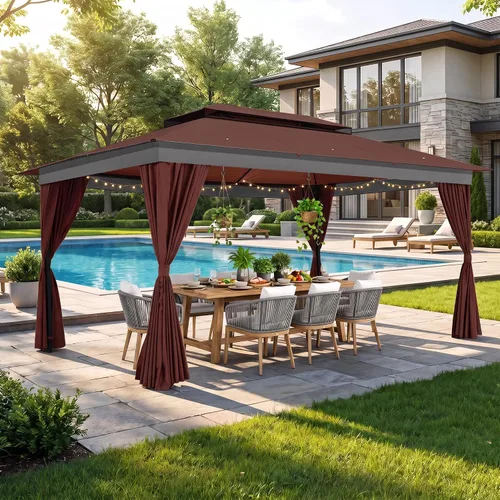 Vista 21 de COBIZI 10x15 Outdoor Patio Gazebo with Privacy Curtains, Khaki Caqui