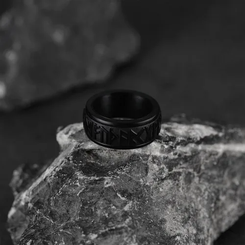 Vista 9 de FaithHeart Anillo giratorio nórdico vikingo con runas de acero inoxidable chapado en oro para hombres y mujeres, puede grabar personalizado