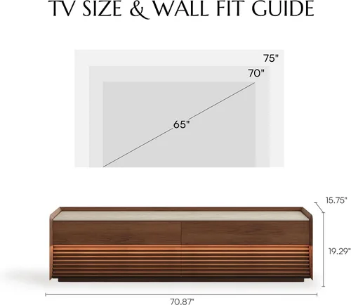 Vista 3 de POVISON Soporte de TV completamente ensamblado de mediados de siglo de piedra sinterizada mate, consola multimedia de madera de 70.87" con luz LED