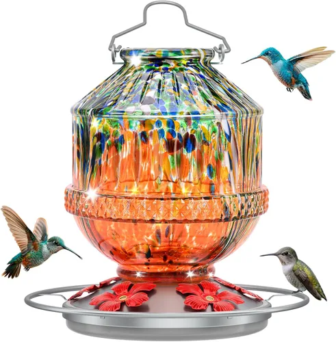 Vista 12 de Comedero de colibrí de vidrio soplado a mano para exteriores, 25 onzas, alimentador de néctar de aves silvestres con perca y 5 puertos