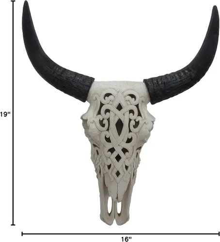 Vista 5 de DWK Calavera de buey tribal White Resin Construction, Hand-Painted Accents, Keyhole Hanger on Back, 16 In. Wide X 6.5 In. Deep