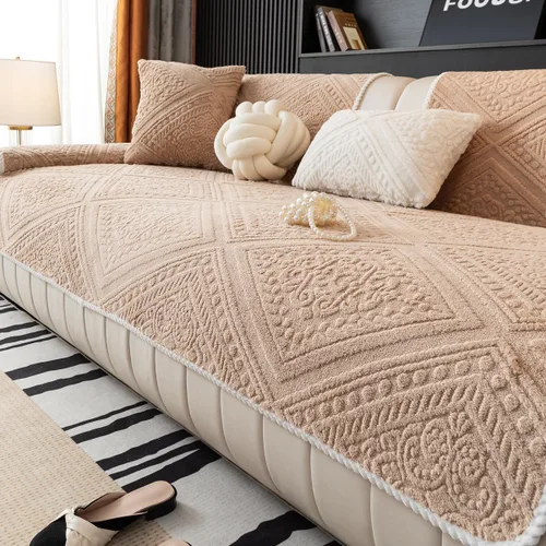 Vista 8 de funda de sofá boho antideslizante lavable para perros, funda de sofá modular suave, funda de sofá de lujo protectora para muebles, funda de Beige