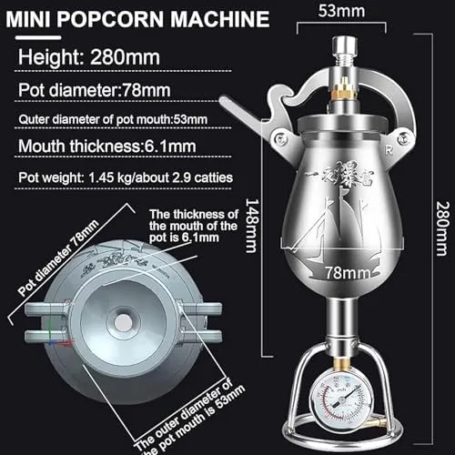Vista 4 de Máquina de palomitas de maíz de mano de acero inoxidable vintage, máquina de palomitas de maíz con manivela manual para fiestas en casa, capacidad