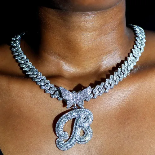 Vista 3 de Cadena de eslabones cubanos para mujer, con inicial de plata cursiva de 0.55 pulgadas, con punta de diamante, cadena cubana de hip hop, collar