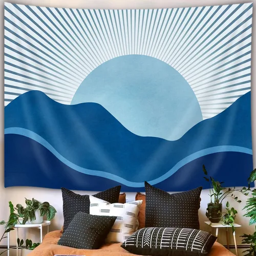Vista 3 de JAWO Tapiz Bohemio Azul, Tapiz de Naturaleza con Montaña Abstracta y Sol Dorado para Colgar en la Pared para Dormitorio, Tapices de Paisaje