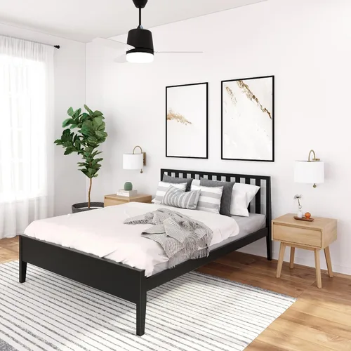 Vista 13 de Plank+Beam Base de cama individual moderna de madera maciza con cabecera de listones, plataforma escandinava con soporte de listones de madera, Negro