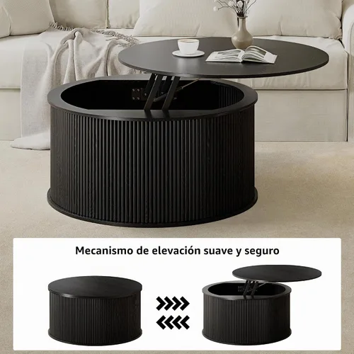 Vista 6 de Mesa auxiliar elevable, mesa de centro redonda acanalada con almacenamiento, mesa de comedor central de granja para sala de estar, apartamento