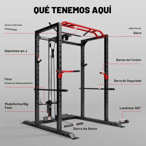 Vista 5 de Jaula de potencia JELENS, banco multifunción S11 con capacidad de 2000LBS, barra para sentadillas con sistema de poleas ajustable y más accesorios