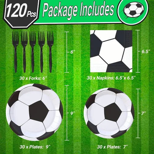 Vista 2 de Paquete de 120 piezas de suministros de fiesta de fútbol, platos de papel, servilletas, tenedores, decoración de cumpleaños para niños para 30