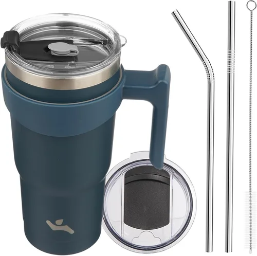 Vista 41 de Konokyo - Vaso de 10 onzas con asa y 2 popotes, 2 tapas, botella de agua aislada de acero inoxidable, taza de viaje reutilizable, color verde militar
