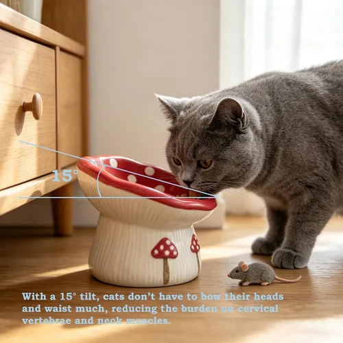 Vista 4 de Cuenco elevado del gato del alimentador lento, hongo lindo de cerámica