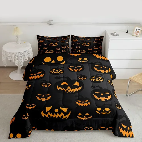 Vista 2 de Feelyou Juego de edredón de calabaza para todas las estaciones, decoración de Halloween, juego de ropa de cama con 1 funda de almohada, microfibra