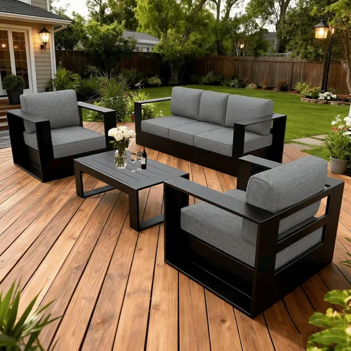 Vista 47 de LayinSun - Juego de muebles de exterior de aluminio de gran tamaño de 5 piezas con mesa auxiliar Negro/Gris oscuro