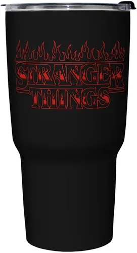 Vista 3 de Netflix Stranger Things Stranger Flame Logo - Taza de viaje de acero inoxidable de 27 onzas, multicolor